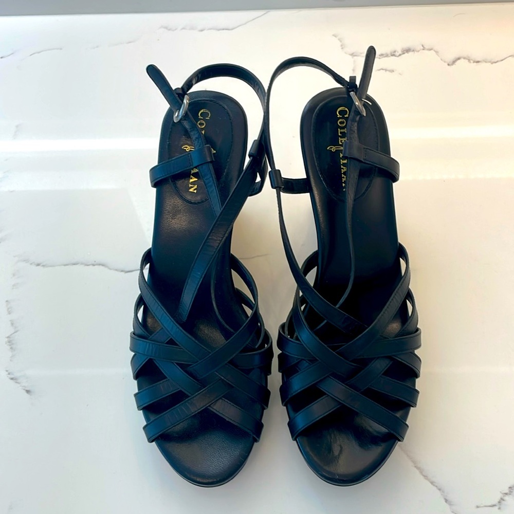 Cole Haan Leather Strap Sandals with wooden stacked wedge heel